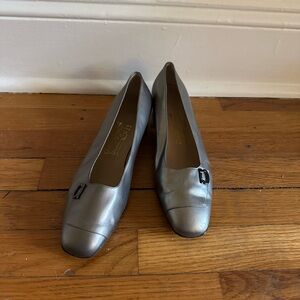 Ferragamo Silver Loafer Heels
